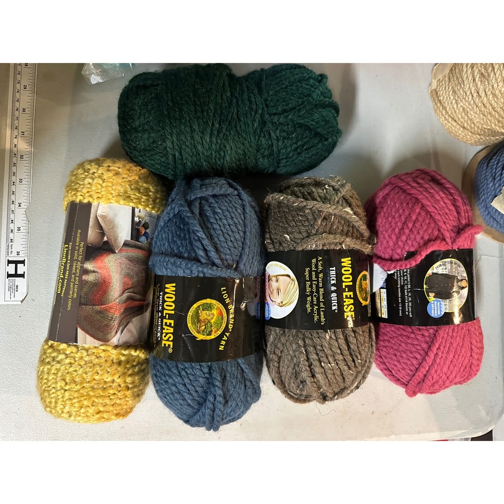 Lion Brand Wool-Ease Thick Quick Yarn Lot 5 Skeins Golden Denim Barley Raspberry
